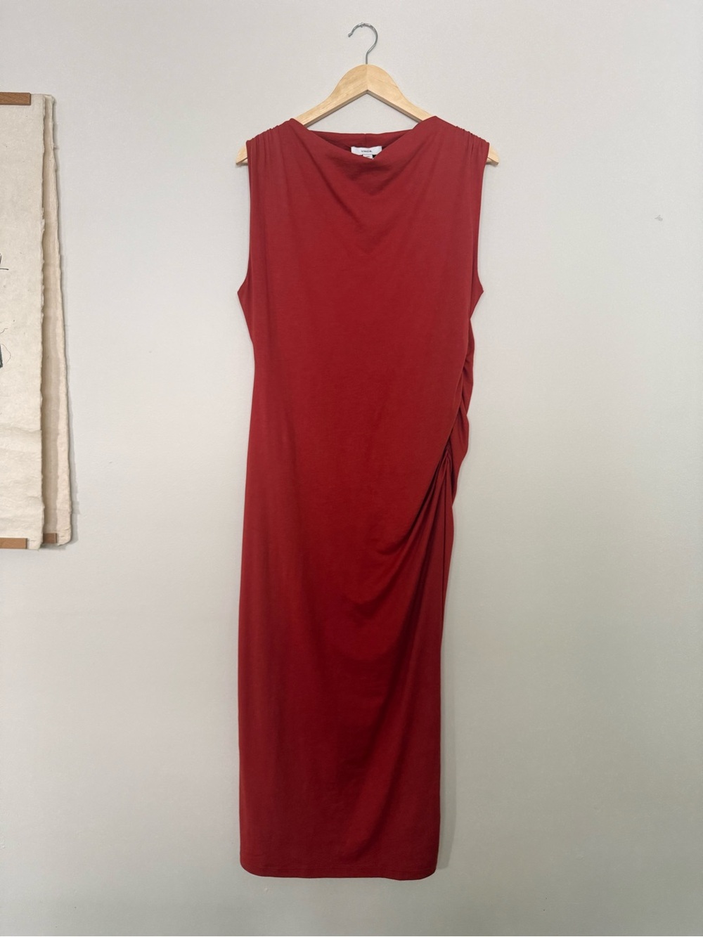Vince Brick Red Sleeveless Rouched Knit Midi Dress
